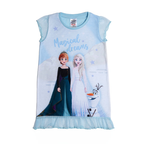 Disney Frozen Princess Elsa Anna Olaf Nightdress Nighty Nightie Nightwear Magical Dreams Pyjamas Pjs Blue Frilly Kids Girls