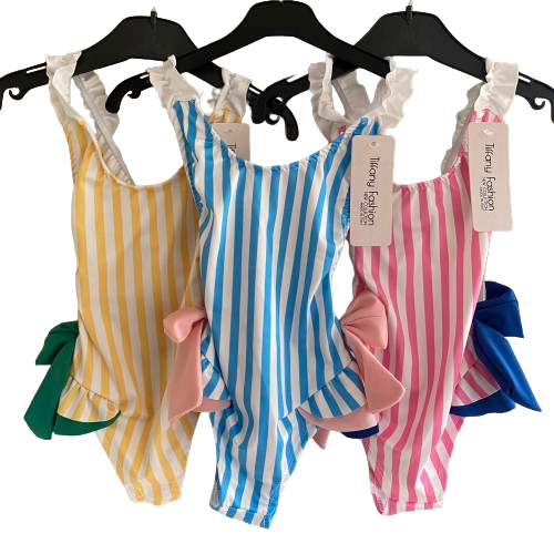 Girls Frills and Bows Striped Swimming Costume Swimsuit Swim Suit