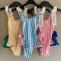 Girls Frills and Bows Striped Swimming Costume Swimsuit Swim Suit