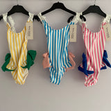 Girls Frills and Bows Striped Swimming Costume Swimsuit Swim Suit