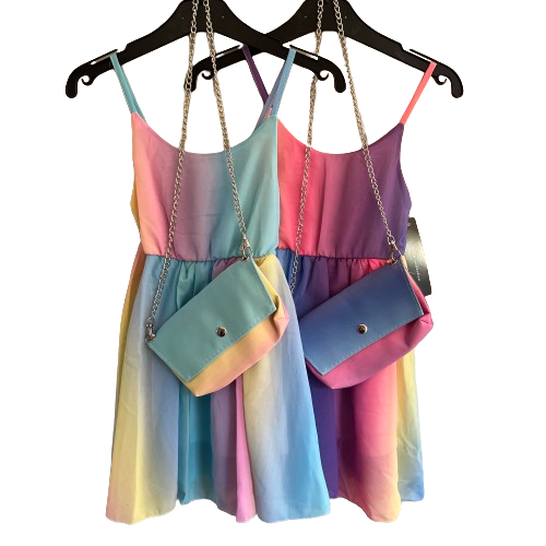 Girls Multicoloured Strappy Floaty Summer Dress with Matching Bag