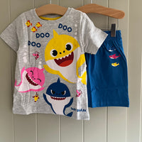 Boys Baby Shark Short Sleeve Pyjamas Cotton Grey Blue Doo Doo Doo Age 2-5 Years