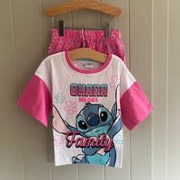 Girls Disney Stitch Short Sleeve Crop Top Pyjamas Ohana Means Family Lilo and Stitch Age 2-8 Years