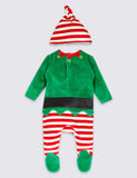 Baby Boy Girl Elf Sleepsuit & Hat Christmas Babygrow Xmas Eve Velour Ex M*S