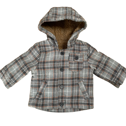 Boys Grey Check Coat Hooded Fleece Jacket Baby Age 0 - 3 Years