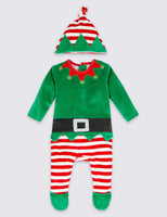 Baby Boy Girl Elf Sleepsuit & Hat Christmas Babygrow Xmas Eve Velour Ex M*S